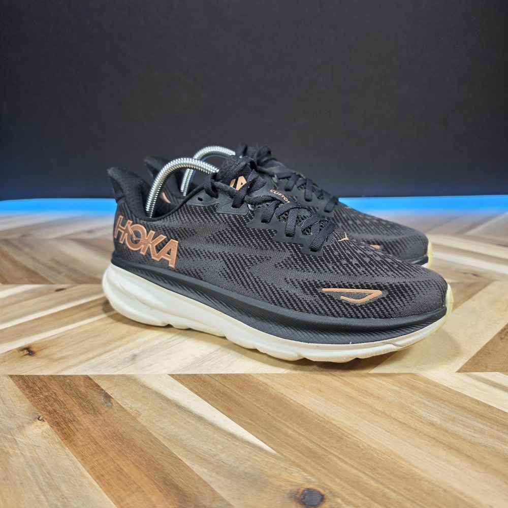 Hoka One One Shoes Womens Size 9 D Clifton 9 Wide Black Gold Running Sneaker